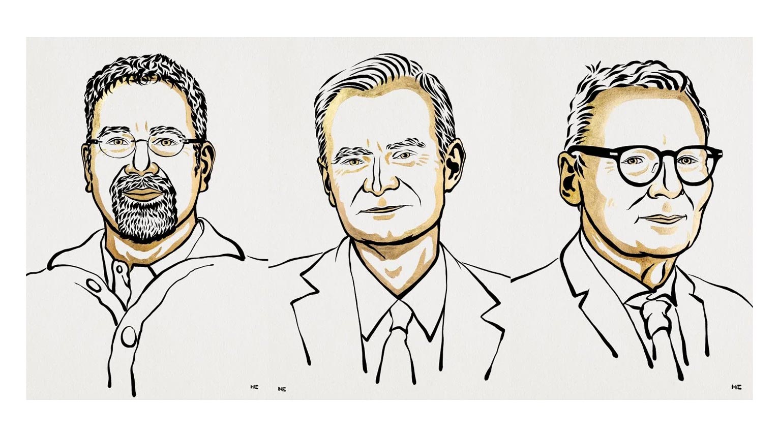 (left to right) Acemoglu, Johnson and Robinson; Illustration: Ill. Niklas Elmehed © Nobel Prize Outreach